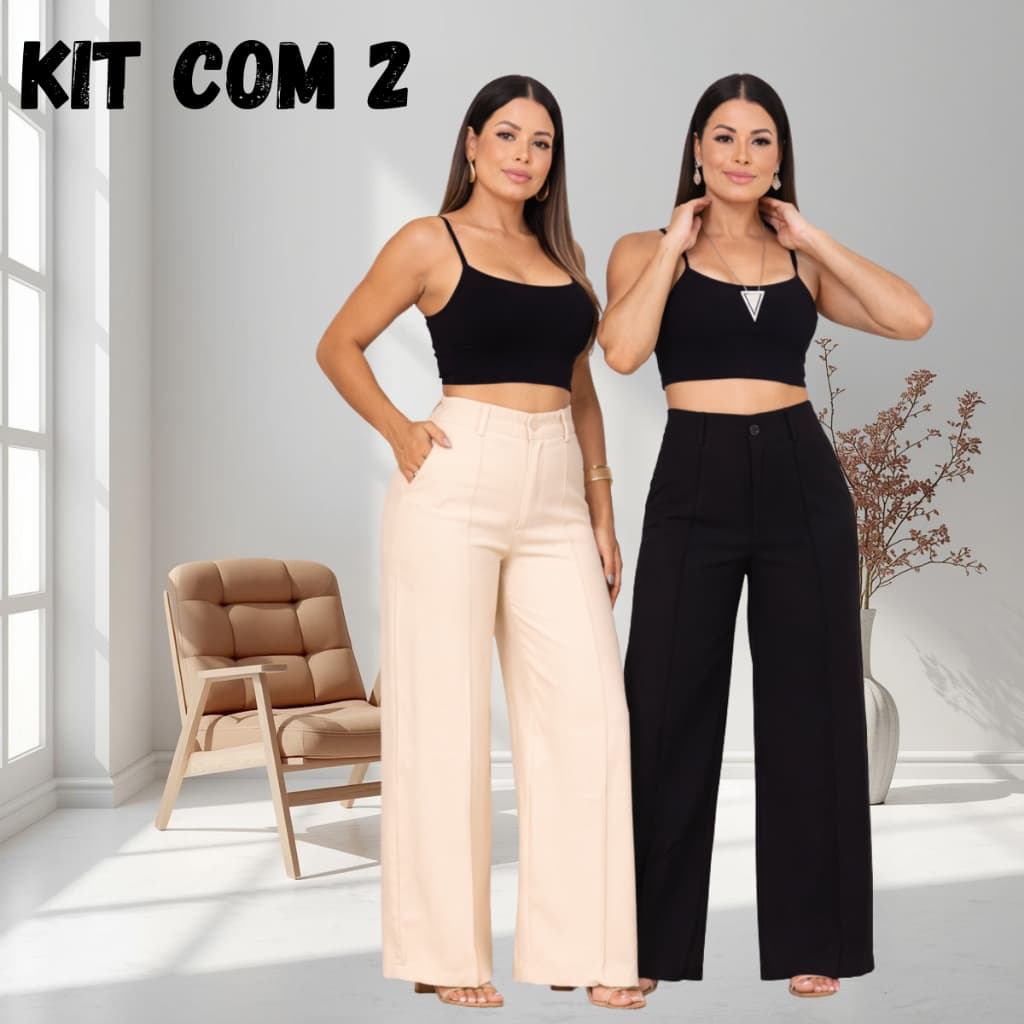 Kit Com 2 Calça Alfaiataria Feminina Nervura Friso Reta Cintura Alta Social Elegante