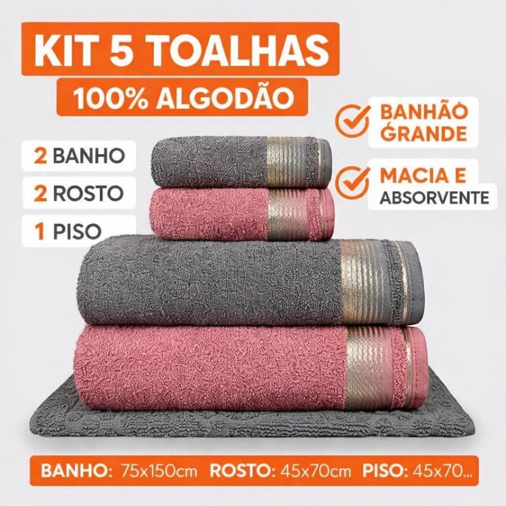 Kit 5 Toalhas 100% Algodão 2 Banho 2 Rosto 1 Piso Jogo Banhão Completo Banheiro