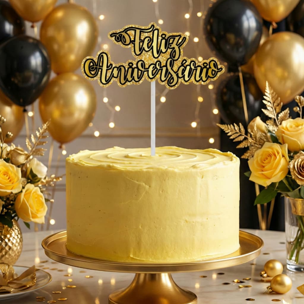 Topo de bolo Feliz Aniversário - Kit de 6 a 36 - Topper com camada / Dourado e Várias cores / - Atacado Envio Mesmo Dia