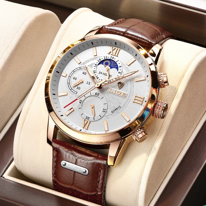Relógio Masculino Original Impermeável em Couro com Cronógrafo Esportivo Luminoso e Movimento de Quartzo + Caixa