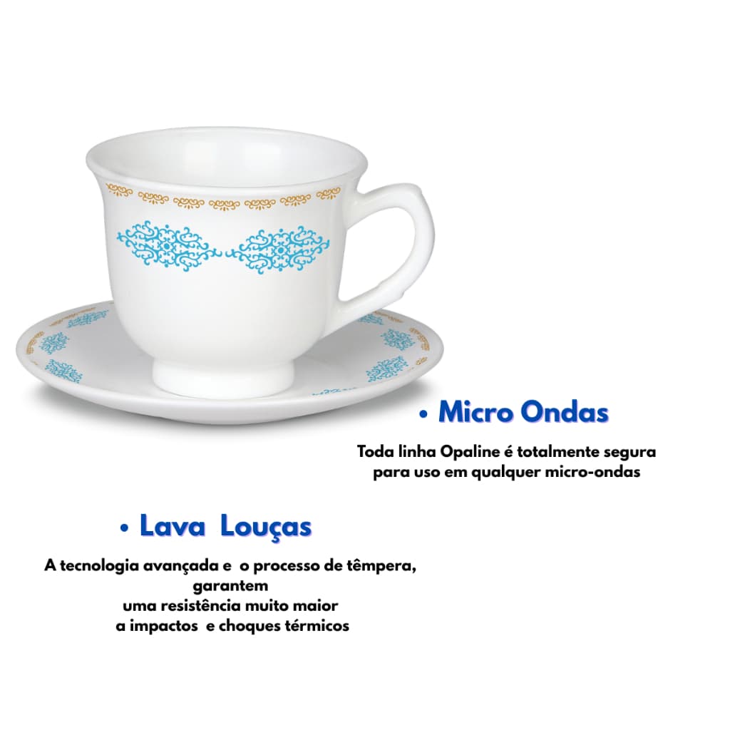 Conjunto 06 Xícaras Pires Decorado Louça Opaline Casa Cozinha Decoração Café Chá Chocolate