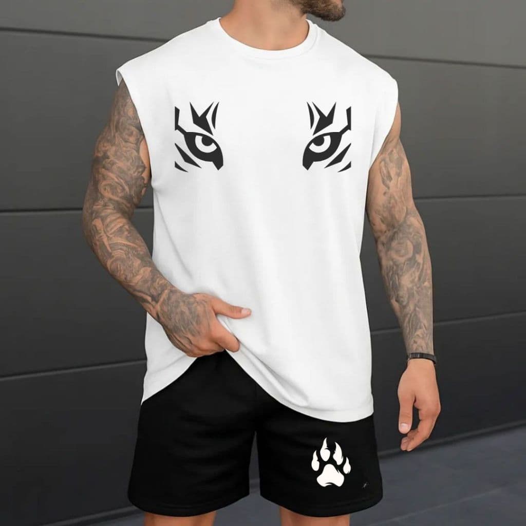 Kit Masculino Duas Peças Regata e Short Tactel Estampa Olho de Tigre Treino Academia
