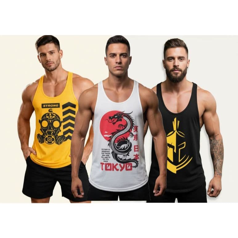Kit 3 Camisetas Regatas Masculina Cavada Preta E Estampada