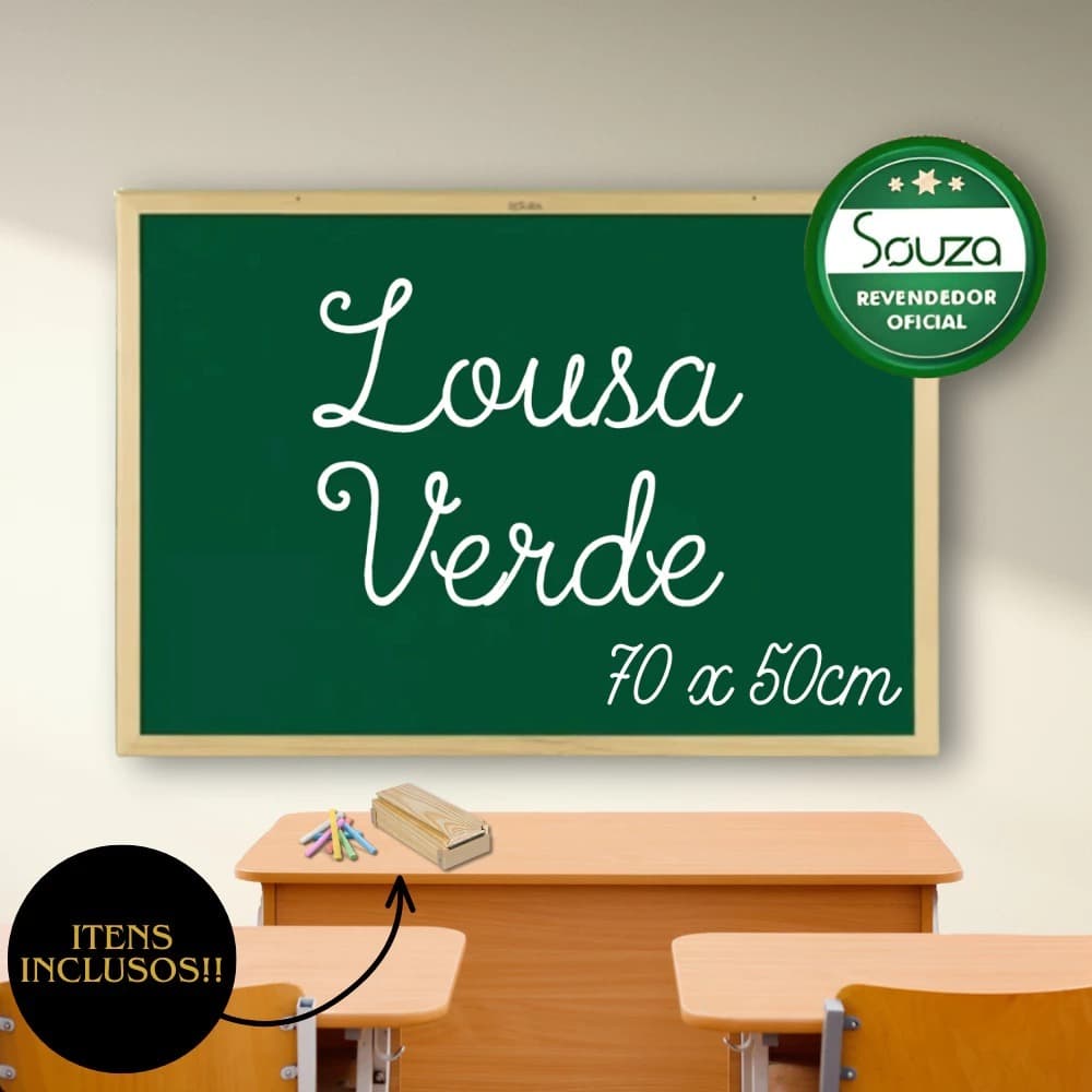 Lousa Souza 70x50 Verde com Moldura em Madeira + Giz, Porta Giz e Apagador