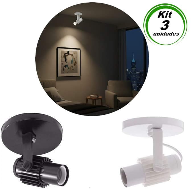 Kit 3 uni Spot Sobrepor Direcionável Tubinho Com Aletado 1 Foco Preto e branco casa/sala/quarto