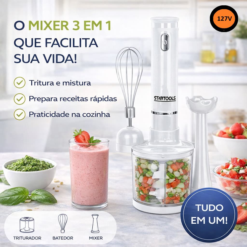 Mixer Processador Kit 3 Em 1 127V 200W Batedor Alimentos Fouet