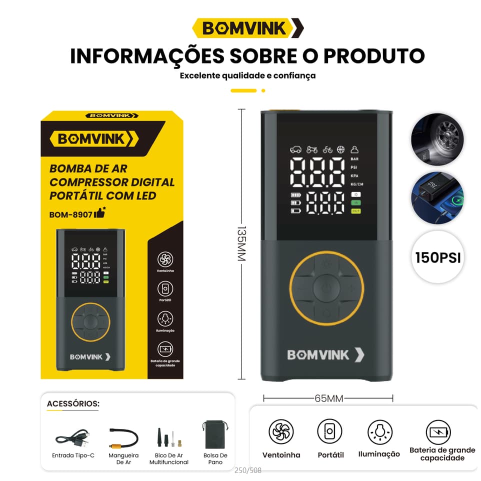 Mini Compressor Bomba De Ar Portátil Led Usb Veicular Carro