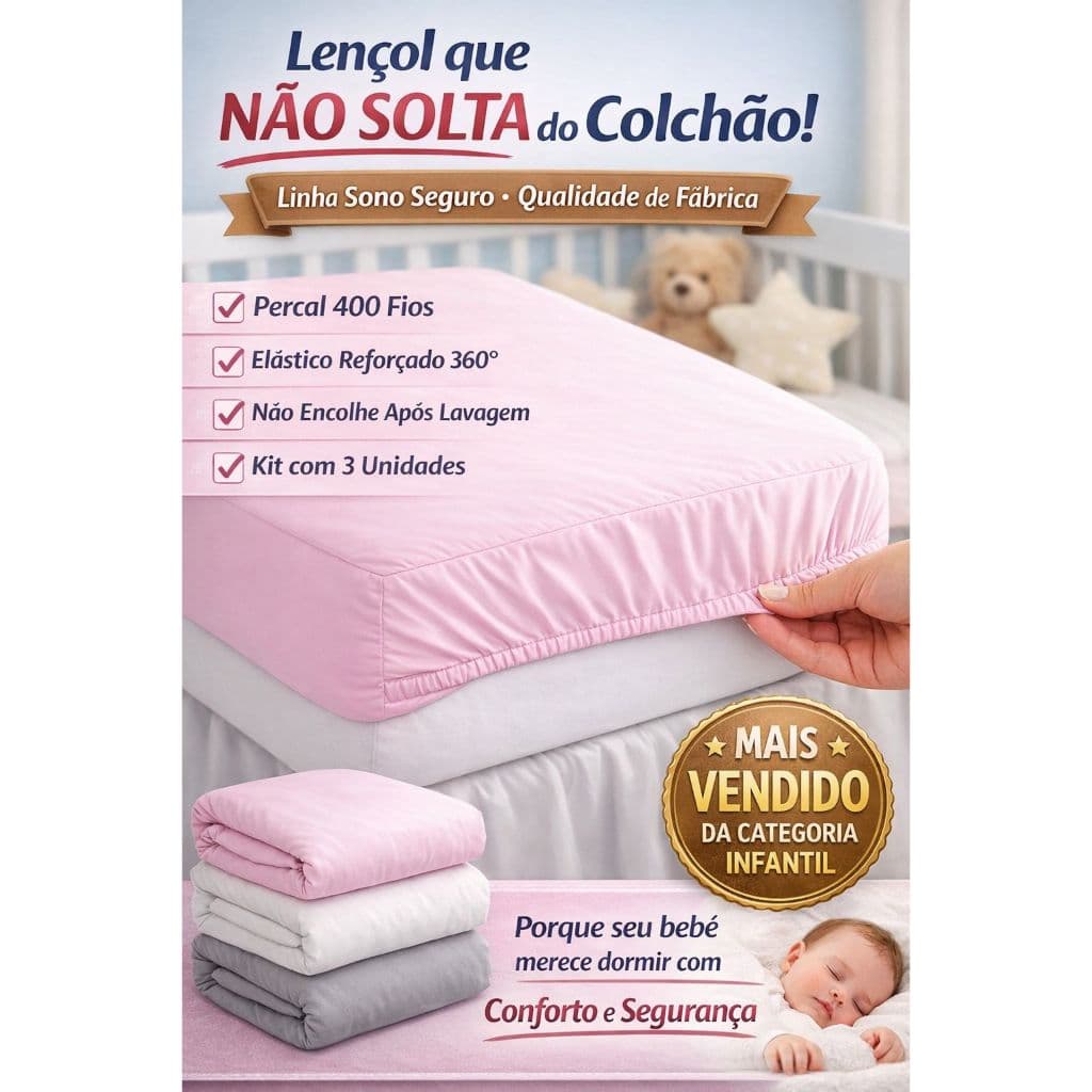 Kit 3 Lençol Berço Americano Percal 400 fios Infantil Menina e Menino Macio com Elastico