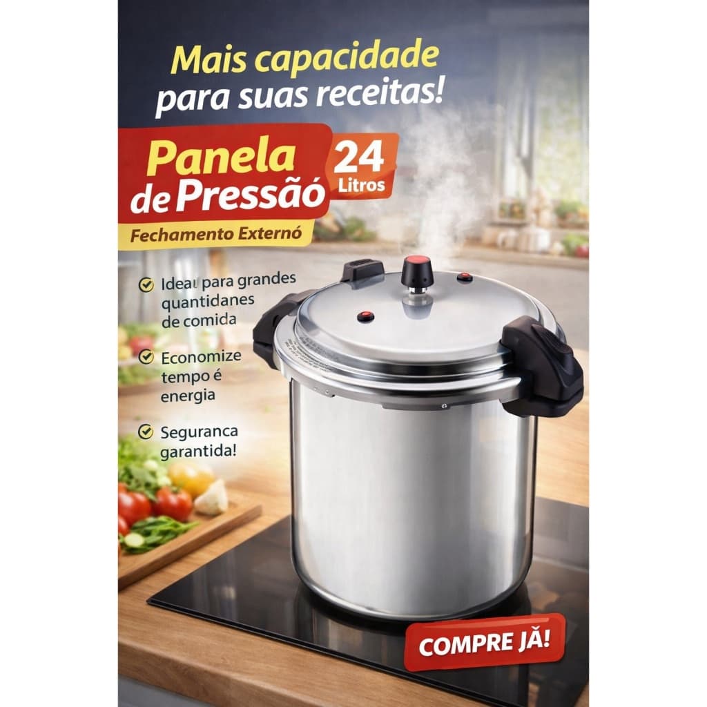 Panela de Pressão 24 Litros Capacidade Extra Fechamento Externo Segura Alta Durabilidade Cozimento