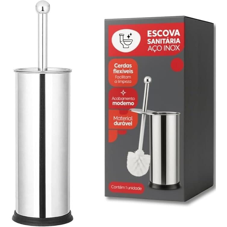 Escova Sanitária Inox – Suporte com Vedação Antiodor, Cabo em Aço Inoxidável, Base Antiderrapante, Design Moderno
