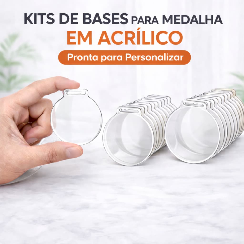 Kit Base Medalha em Acrílico 2mm para Personalização | Kit 10, 25, 50 ou 100 un | 5x5,5cm Resistente Corte Laser