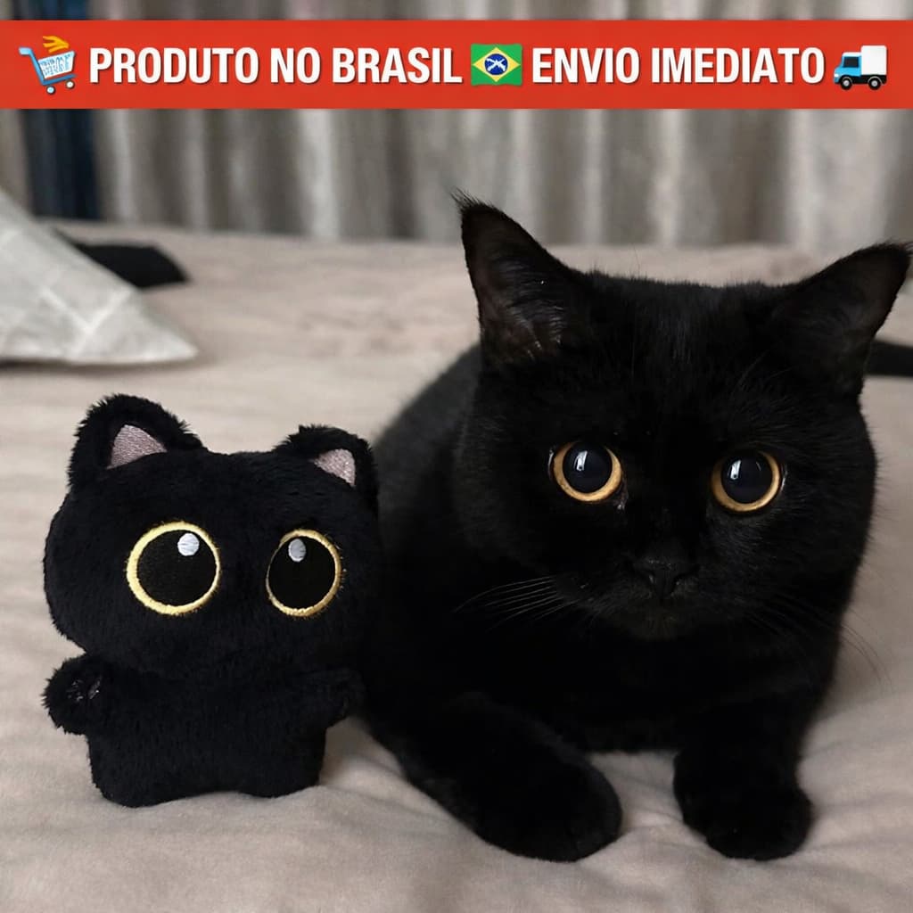 Chaveiro Pingente Pelúcia Gato Preto Fofinho Olhos Amarelos Acessório Mochila Bolsa