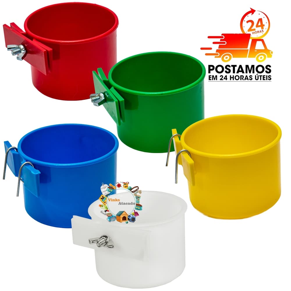 Kit 2 Caneca Plástica Comedouro Para Calopsita Ring Neck Pássaros Canário Periquito Papagaio Suporte Borboleta e Arame