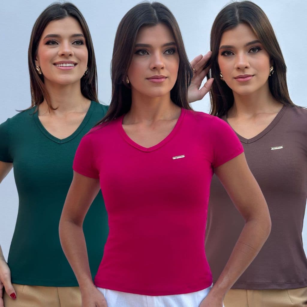 Kit 3 Blusa Feminina Gola V Casual Tecido Viscolycra com Manga Leve com Elegância e Conforto  Básica Estilosa e Macia
