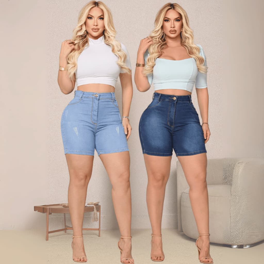 Bermudas Meia Coxa Jeans Feminina Lycra Empina Bumbum Cintura Alta kit 2 shorts