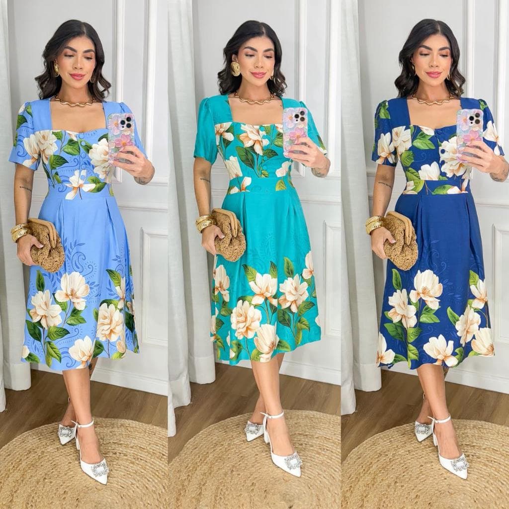 Vestido Midi Feminino Estampado barrado Look Elegante (gola cuadrada)