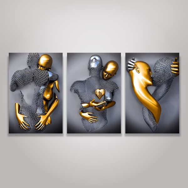 Quadro Decorativo Arte Abstrato Casal Amor Love Prata Dourado Luxo Moderno Parede Quarto Kit 3 Peças