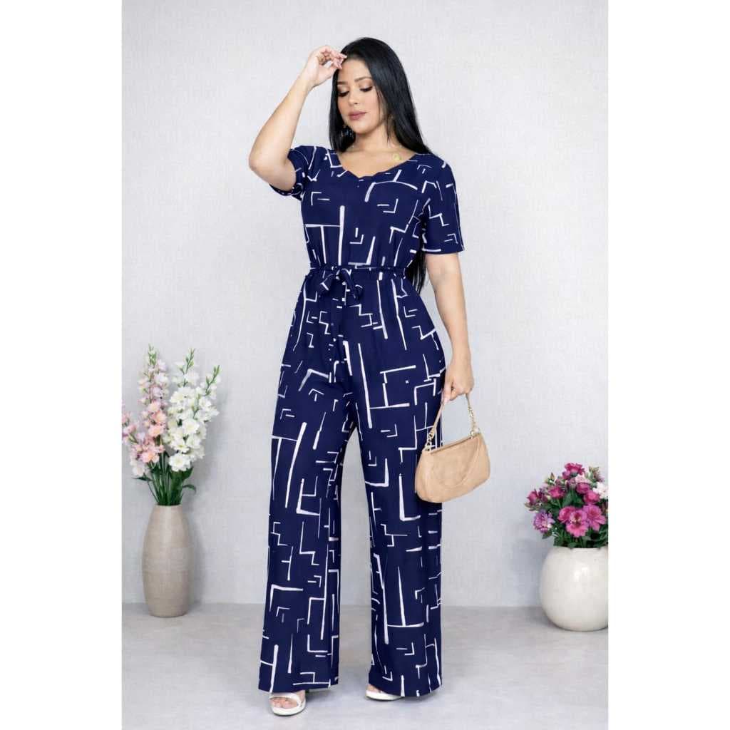 Macacão Feminino Longo Estampado Soltinho Com Cinto E Bolso