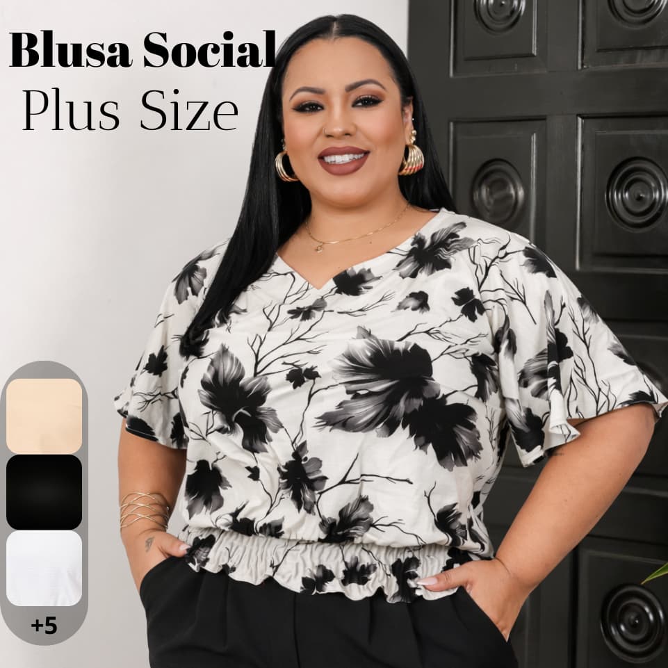 Blusa Plus Size Feminina Lastex na Cintura Babado Manga Curta Decote V Casual Social Duna