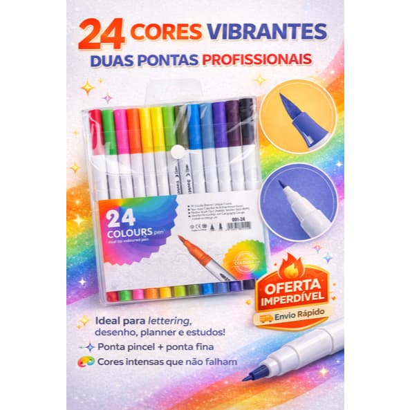 Caneta Brush 24 Cores Duas Pontas – Ponta Pincel + Fina para Lettering e Ilustração