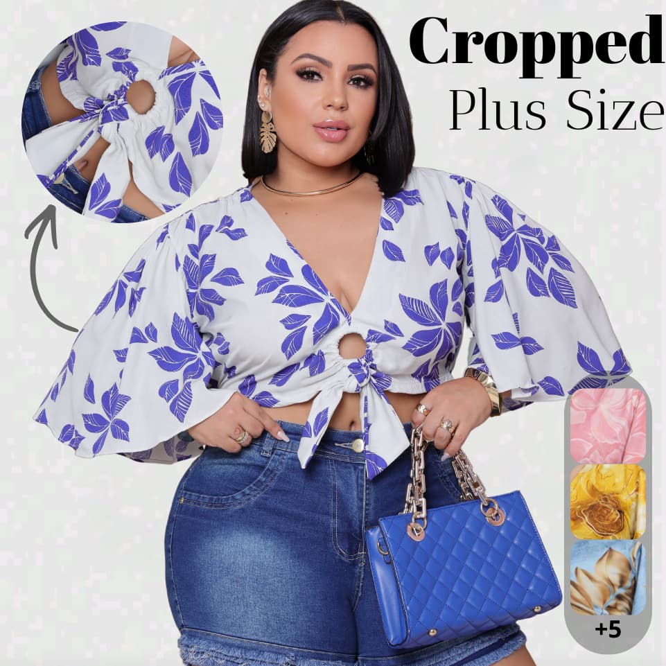 Cropped Plus Size Soltinho com Argola - Blusa Feminina para Todos os Corpos - Veste do 48 ao 50 - Viscolinho e Duna