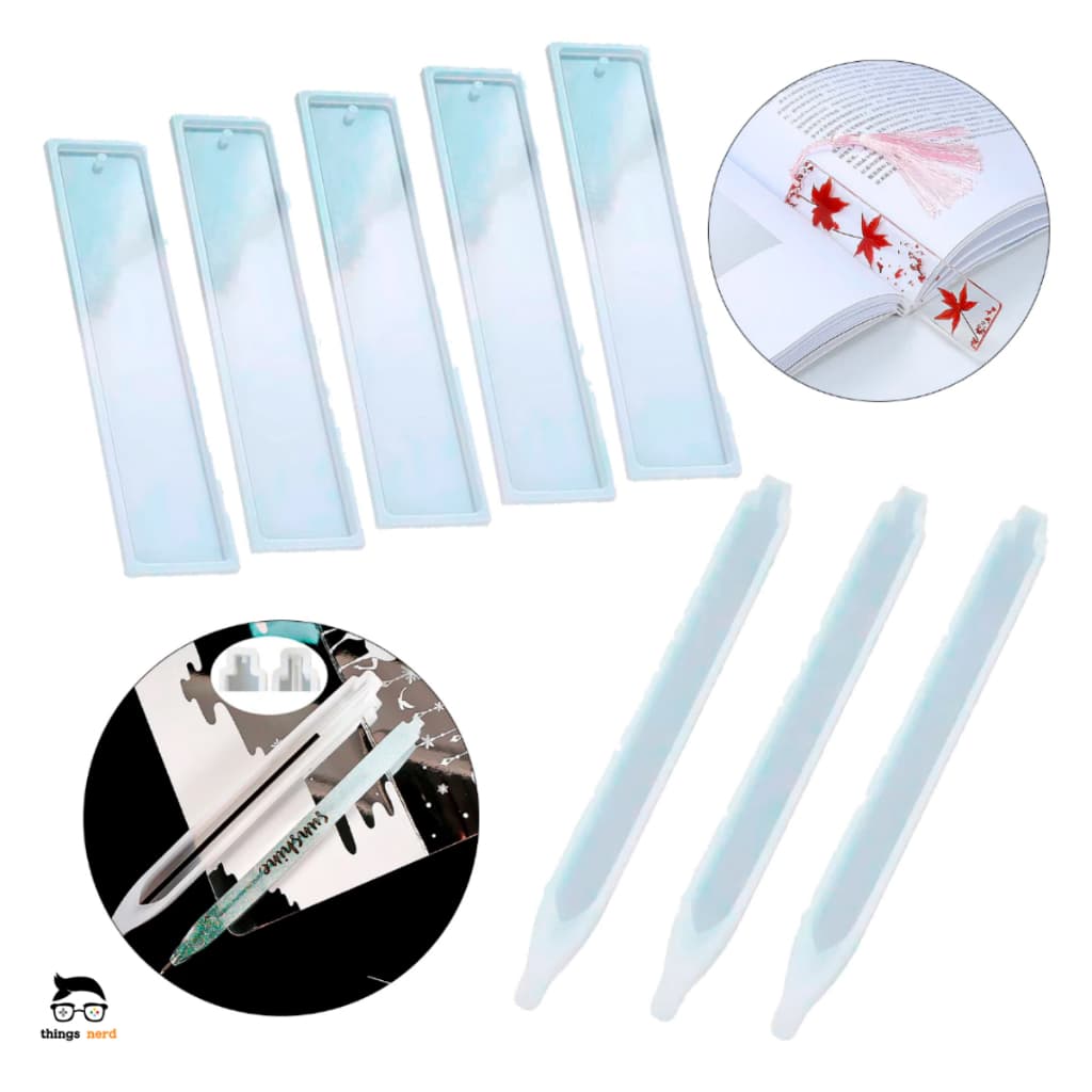 Kit Forma Molde Silicone Marca Página 5 unidade e Caneta Resina Epoxi Lisa Quadrada 3 unidades