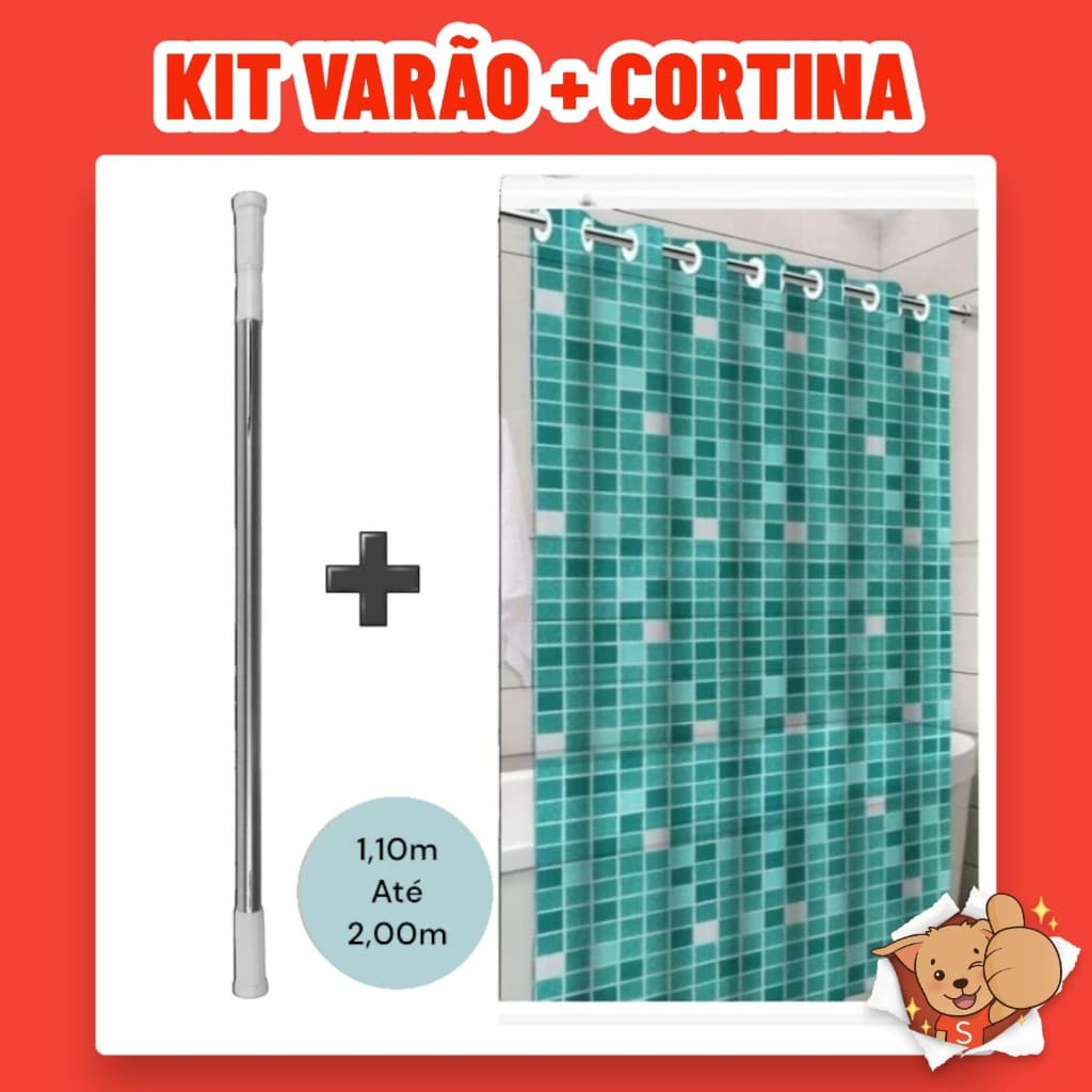 Kit Varão + Cortina para Box de Banheiro Pastilha Verde Bastão Extensível Alumínio 1,10m até 2,00m