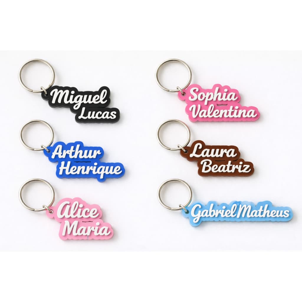 Chaveiro Personalizado com Nome Composto em Alto Relevo – Kit com 3 Unidades – Ideal para Mochila Escolar