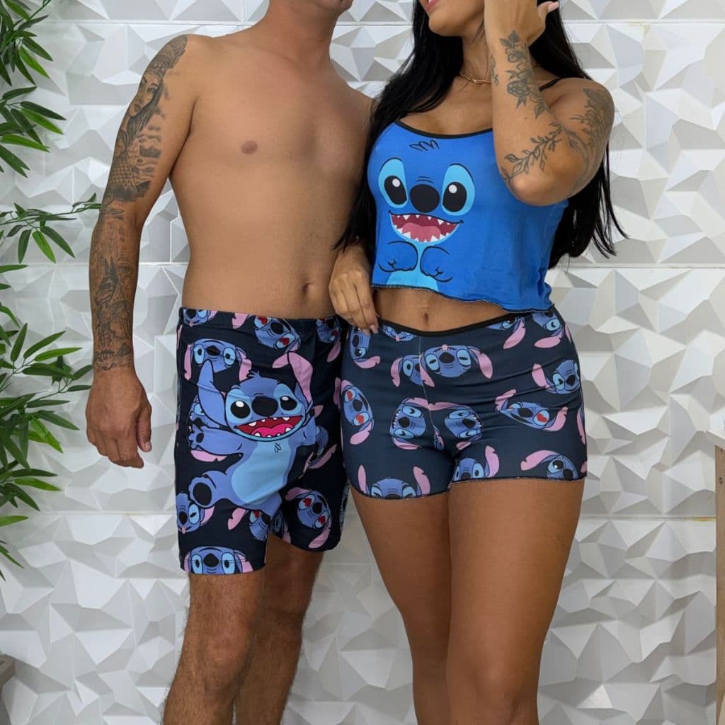 Kit Pijama Casal Personagem Stitch Baby Doll Short Feminino + Cueca Masculina