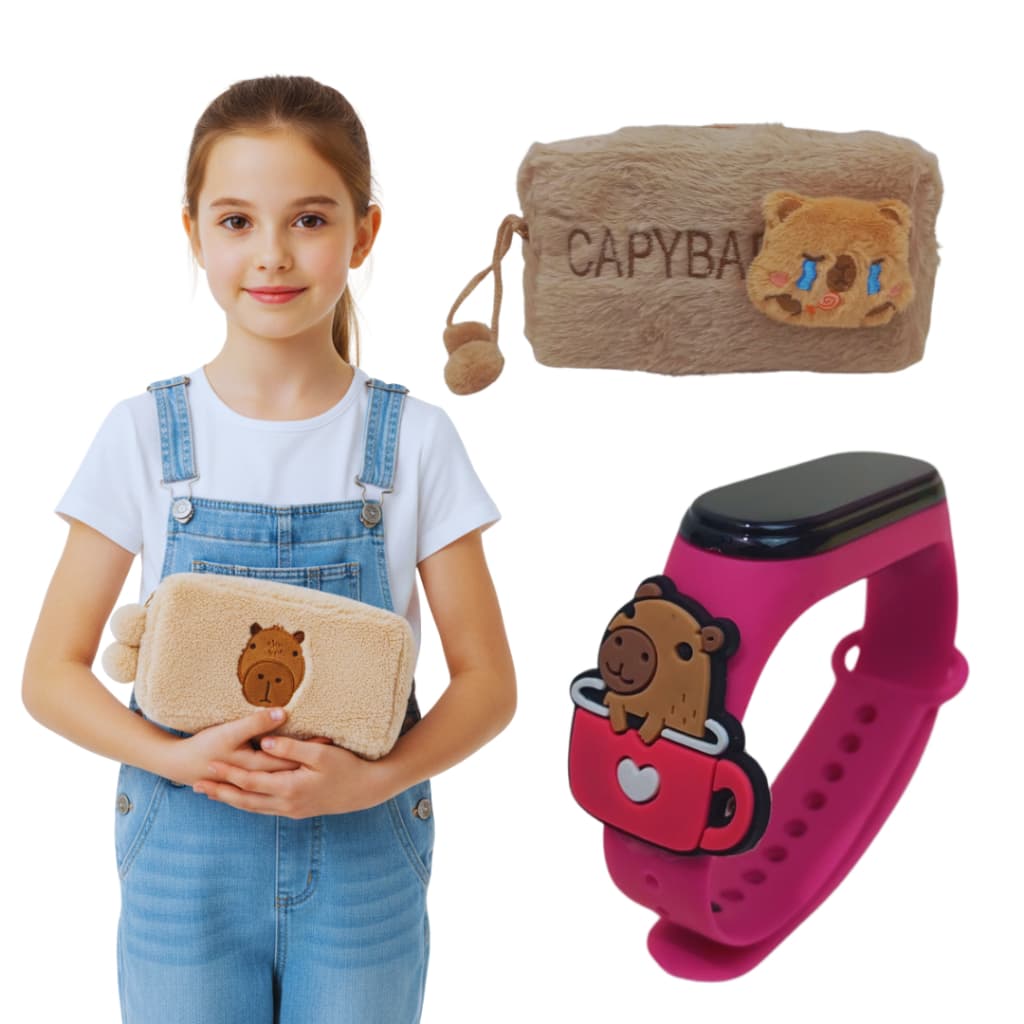 Kit Estojo De lápis Capivara Peludo Com Relógio Infantil