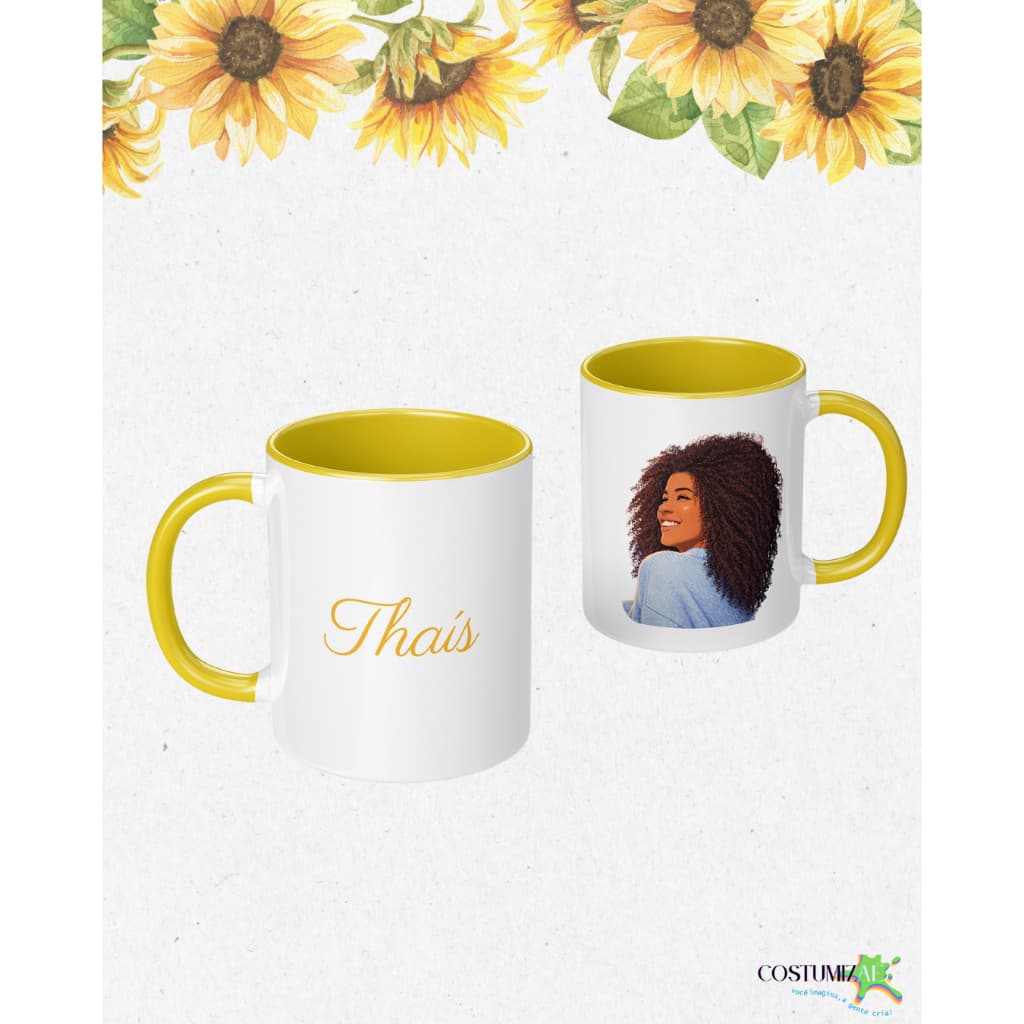 Caneca Personalizada com Foto Desenho Caricatura e Nome - Vários Modelos Cabelo Cacheado Afro Girassol Branca ou Amarela