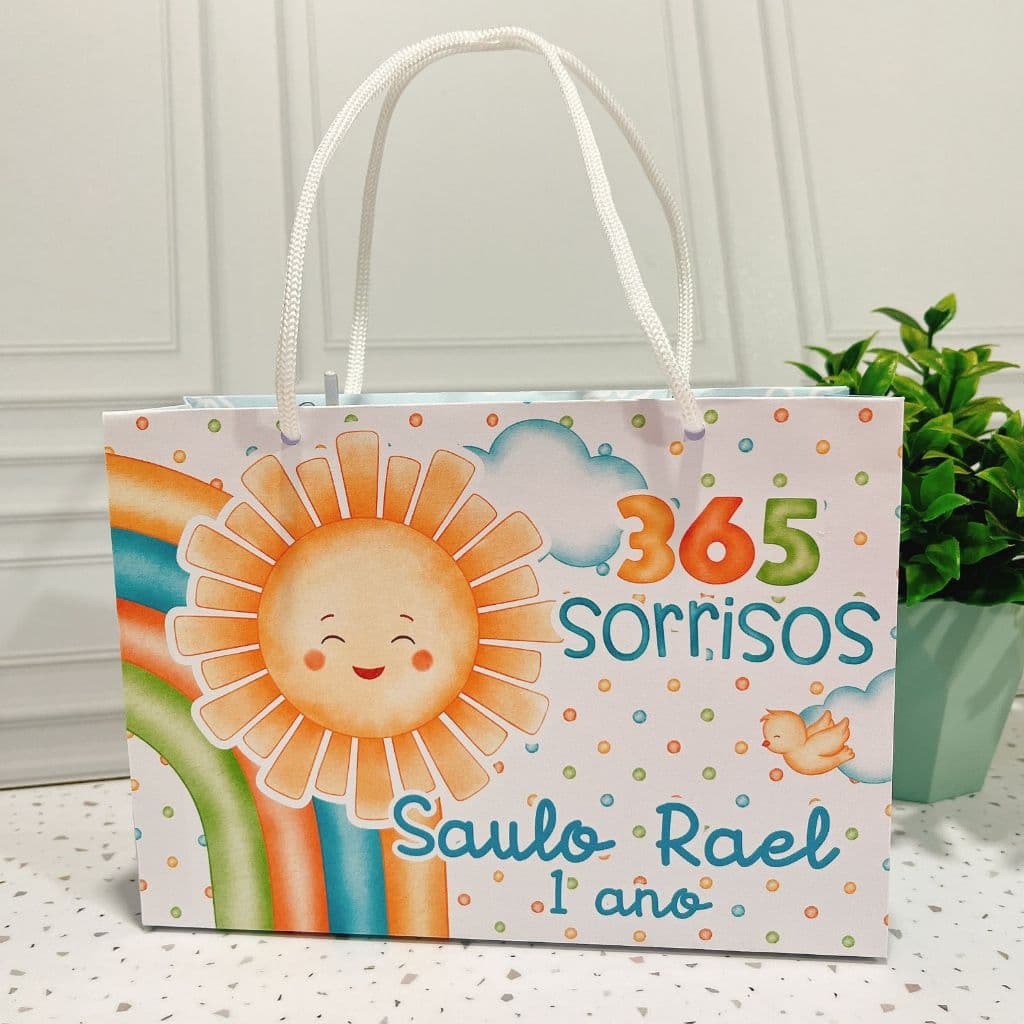 Sacola Personalizada 365 sorrisos| Lembrancinha Infantil com Nome e Idade | Vários Temas- PEGUE E MONTE -19,2X14X6,2
