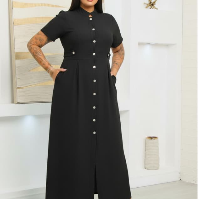 Vestido Feminino Chemise Longo Elegante Plus Size Com Botões, 3/4 ,Tecido Dunas Sensorial
