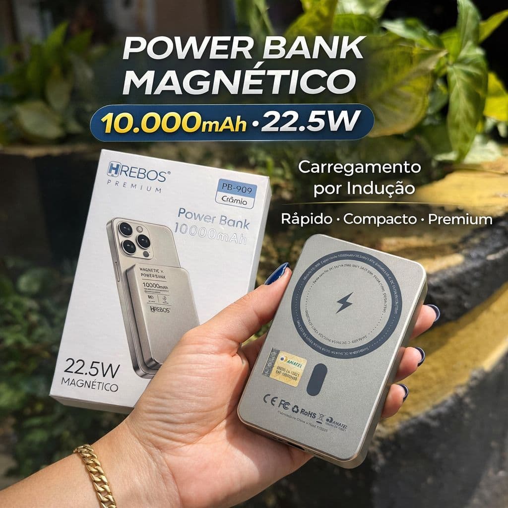 Power Bank Magnético Titanium Hrebos Premiun 10.000mAh 22.5w PB-909 Crômio