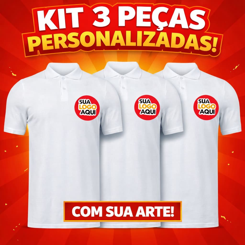 Kit 3 Camisas Gola Polo Personalizada Logo Frente DTF Piquet Premium Uniforme Fardamento Empresa
