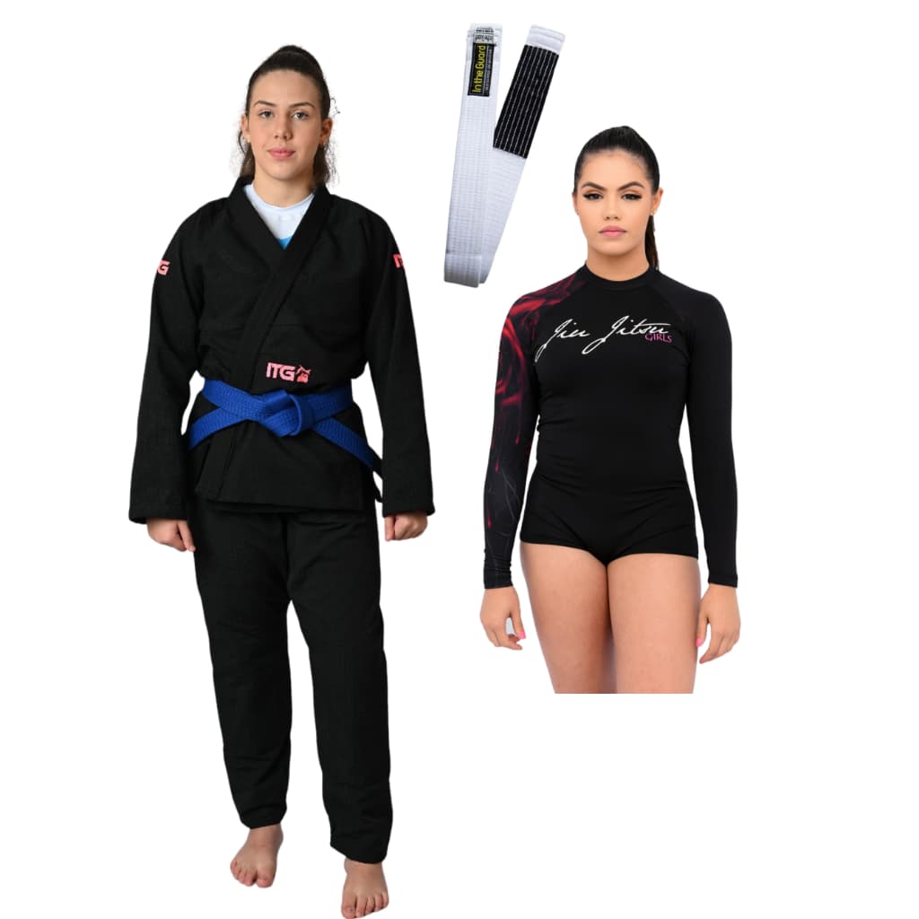 Kimono Jiu Jitsu, Kimono feminino Jiu Jitsu + Body Feminino + Faixa com Ponteira