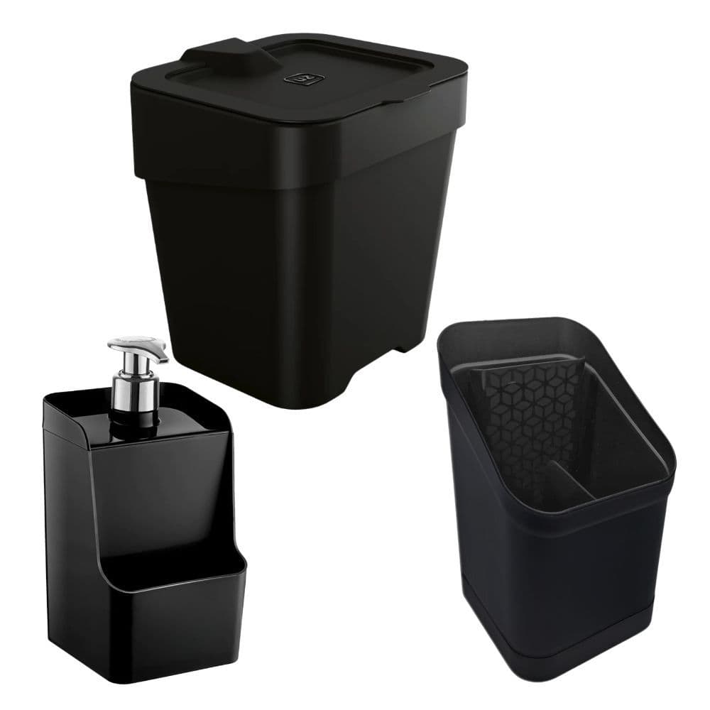 Kit 3 Peças Lixeira 2,5L, Escorredor de Talheres C/ Divisória P/ Facas, Porta Detergente Cozinha/ Kit 2 Peças
