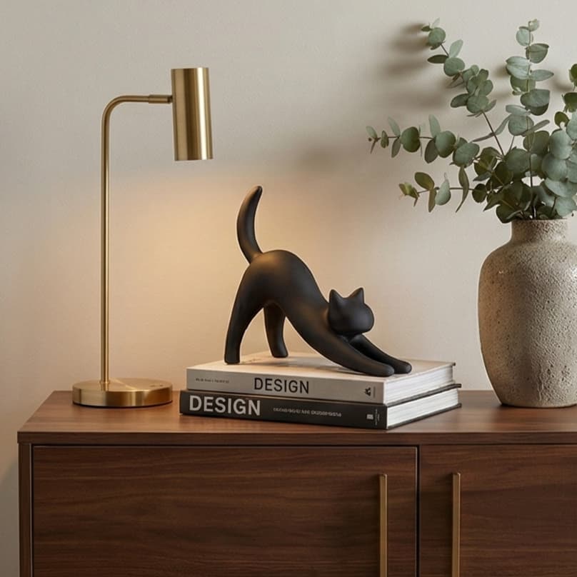 Enfeite Decorativo Minimalista Gato Espreguiçando Estátua Moderna Para Sala Quarto Mesa
