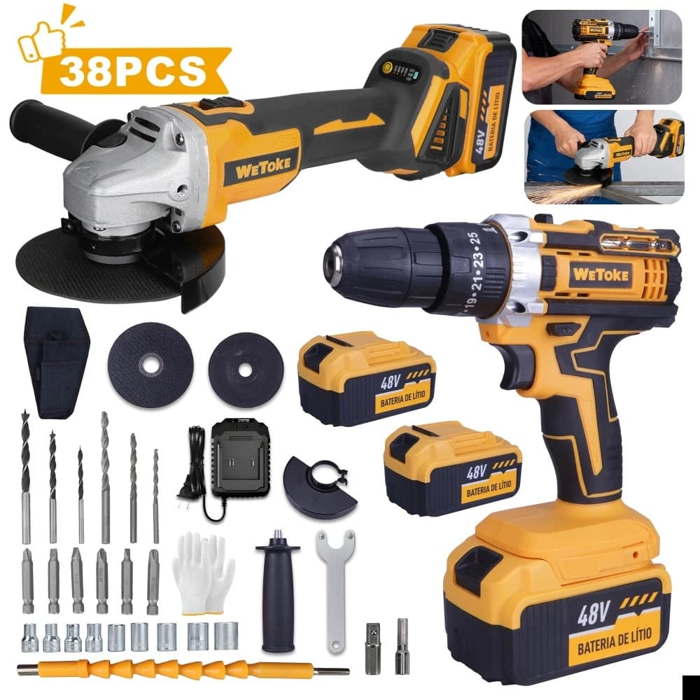 Kit Furadeira Parafusadera + Esmerilhadeira Lixadeira Maleta Amarelo 127/220v