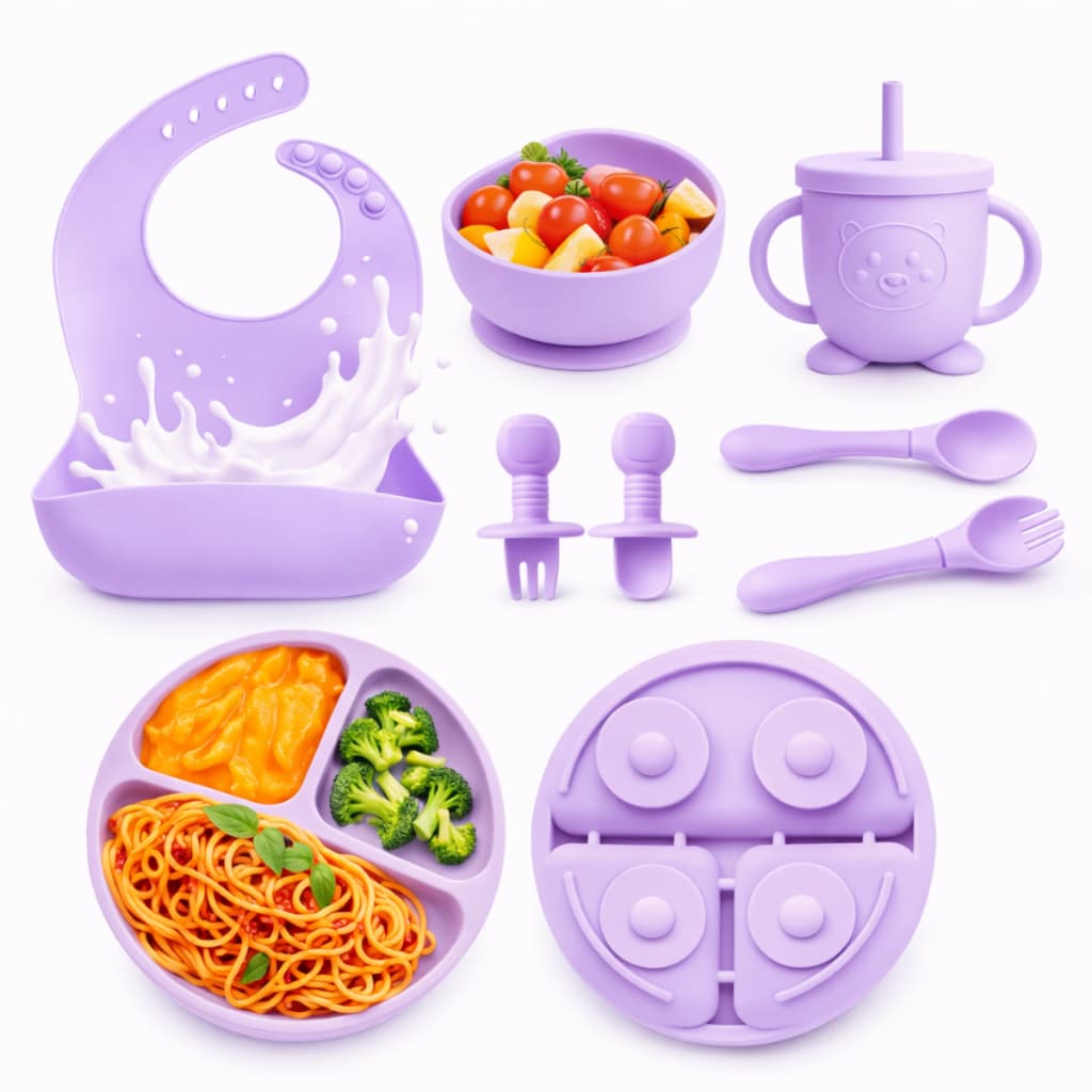 Kit  Alimentação Bebê Silicone Completo | Prato com Ventosa, Copo, Talher e Babador