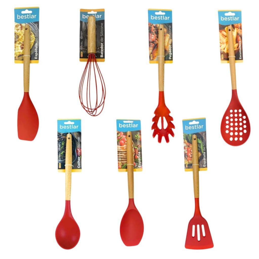 Kit 7 Utensílios de Cozinha de Silicone Vermelho com Cabo em Madeira - Bestlar