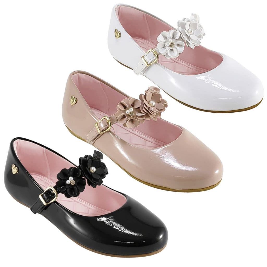 Sapatilha Feminina Infantil Elegante Festa Flor Removível Sapato Boneca Macia Nude Branca Preta