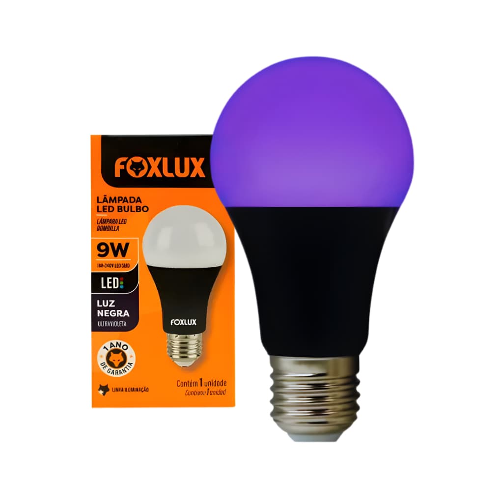 Lâmpada Luz Negra LED 9W bulbo Bivolt E27 Foxlux UV-A Efeito Neon para Festa Decoração Gamer