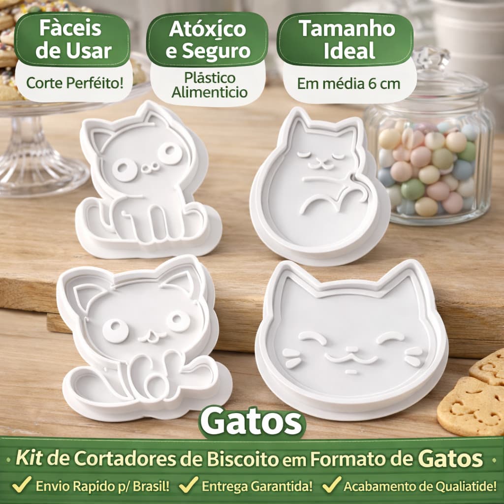 Kit Cortador de Biscoito Gato– Moldes para Cookies, Pasta Americana e Confeitaria