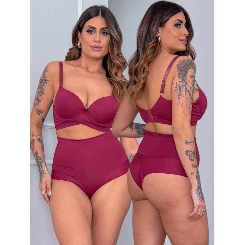 Calcinha Biquíni Cós Super alto Semi Fio duplo Plus Size Marsala