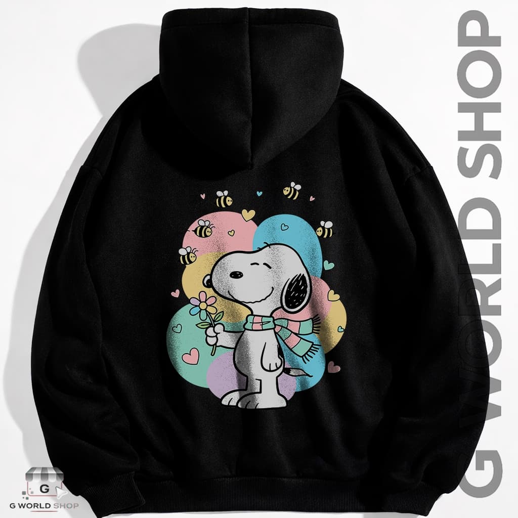 Moletom Canguru Feminino Snoopy Flores Coloridas e Abelinhas Blusa de Frio Flanelado Adulto e Infantil Frio Inverno