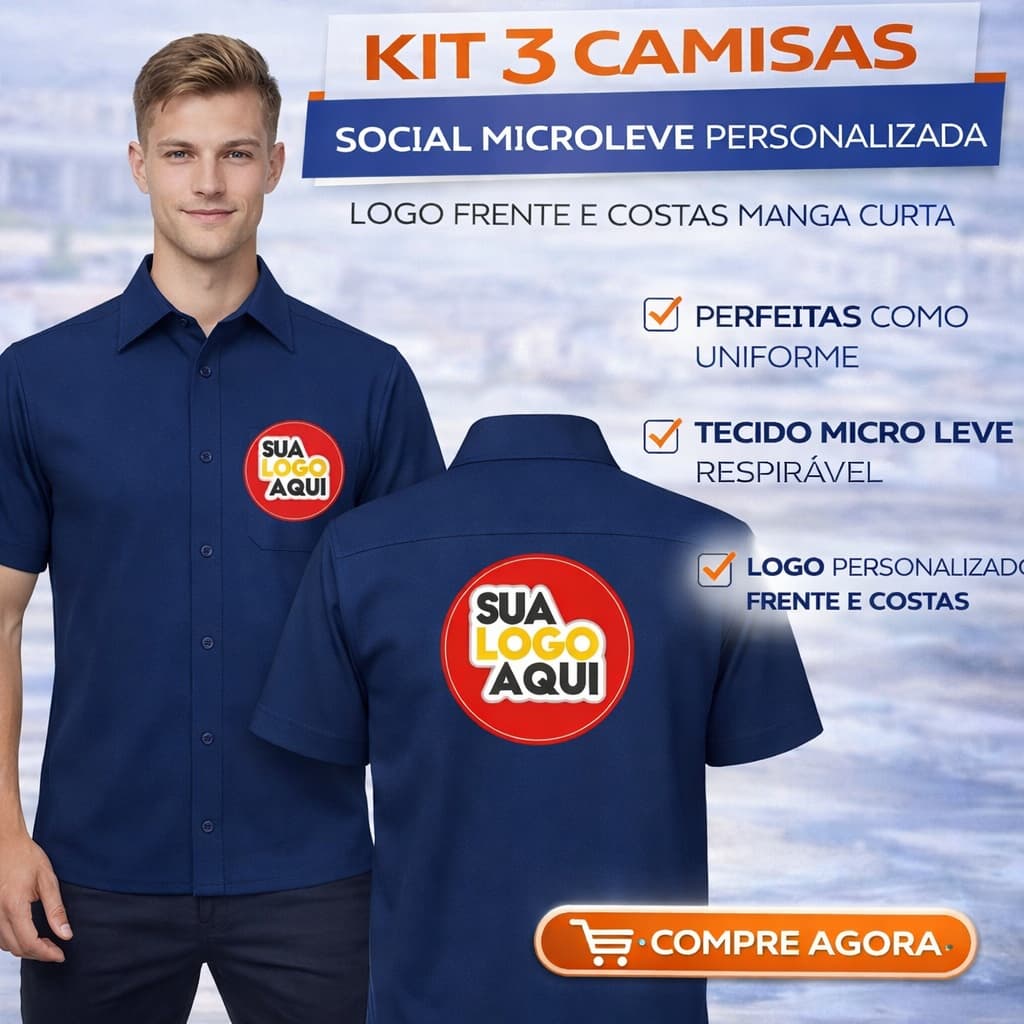Kit 3 Camisas Sociais Microleve Personalizada Logo Frente e Costas DTF Manga Curta Uniforme Fardamento Empresa