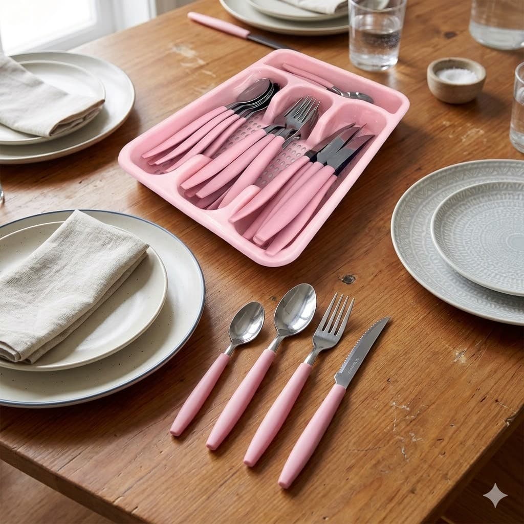 Faqueiro Jogo De Talheres 24 Peças Aço Inox Com Gaveteiro Organizador Rosa Cozinha Gourmet Premium