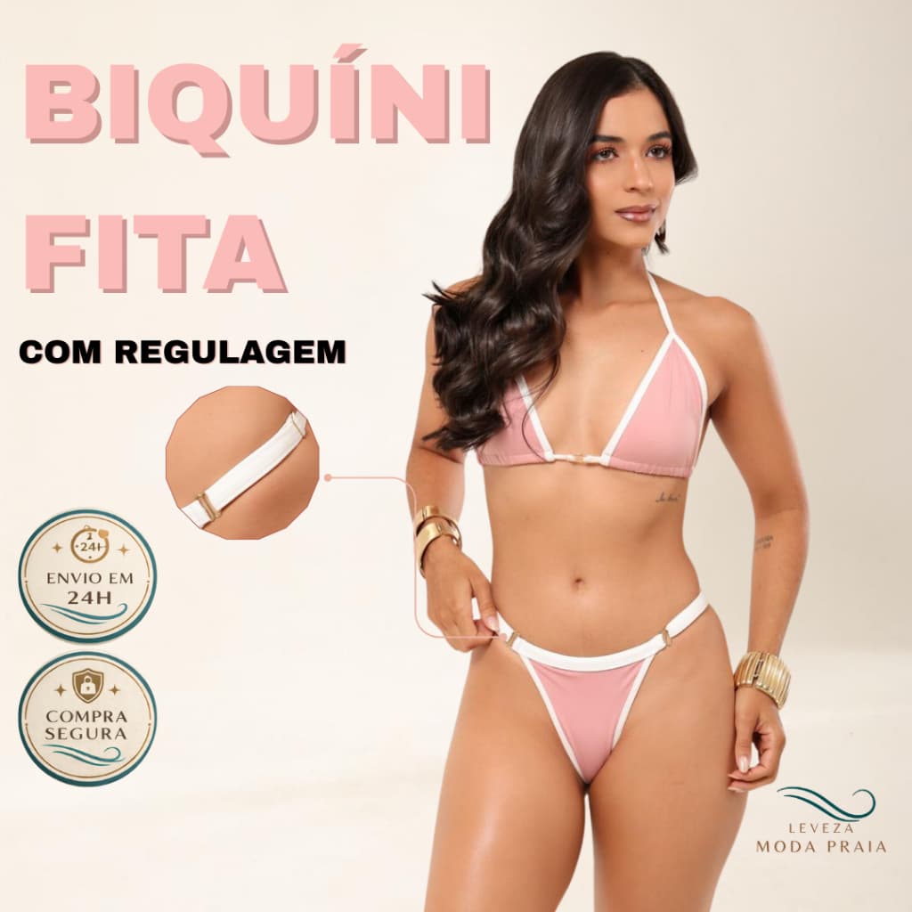 Biquíni FITA Golden Rosa Velho (Rosa Claro) com Branco Feminino Regulável Moda Praia