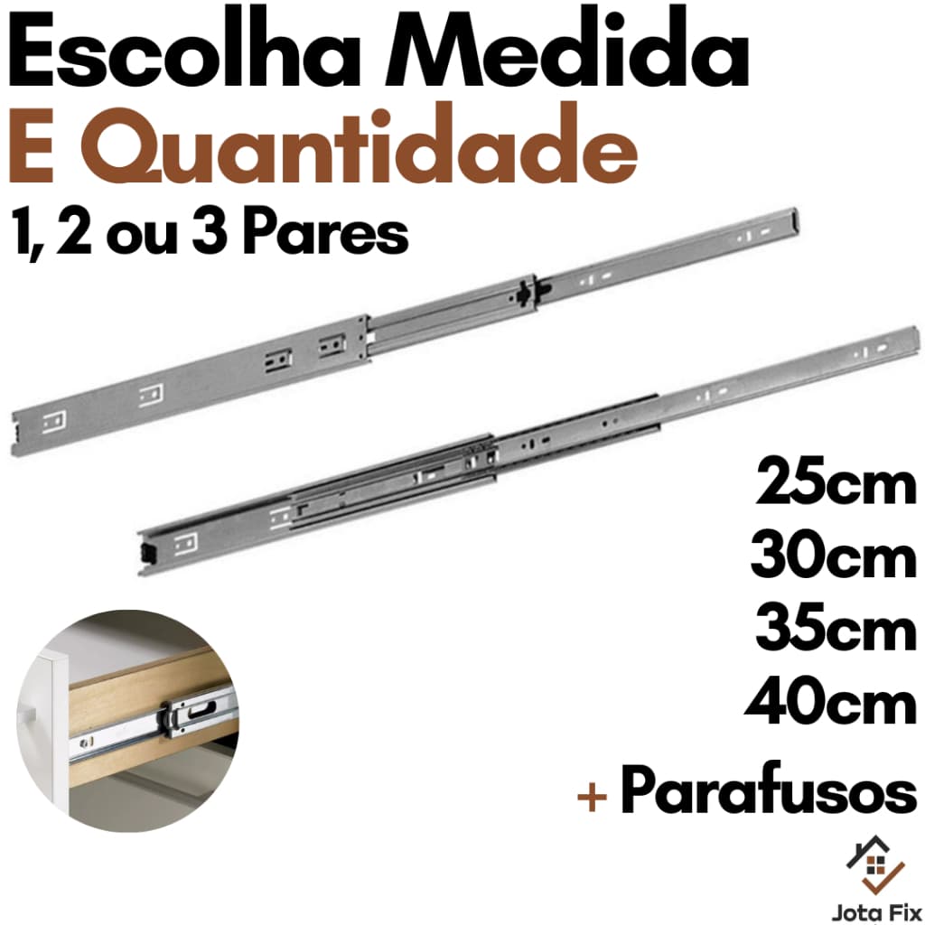 Corrediça Gaveta Trilho Telescópico para Moveis Light com Parafuso Kit Corrediças 25 30cm 35cm 40cm